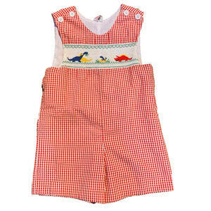 Vintage Smocked Red White Gingham Dinosaurs Romper Size 4 Little Follies Amazing